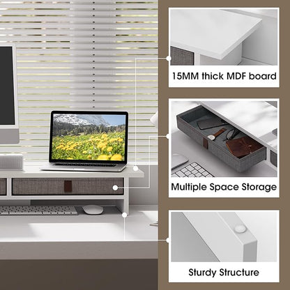 Fenge Monitor Stand with Drawer, 2 Tiers Dual Monitor Riser for Desk, 35 Inch Computer Stand for 2 Monitors, Desk Shelf for Home, Office, Laptop, PC, TV, Printer