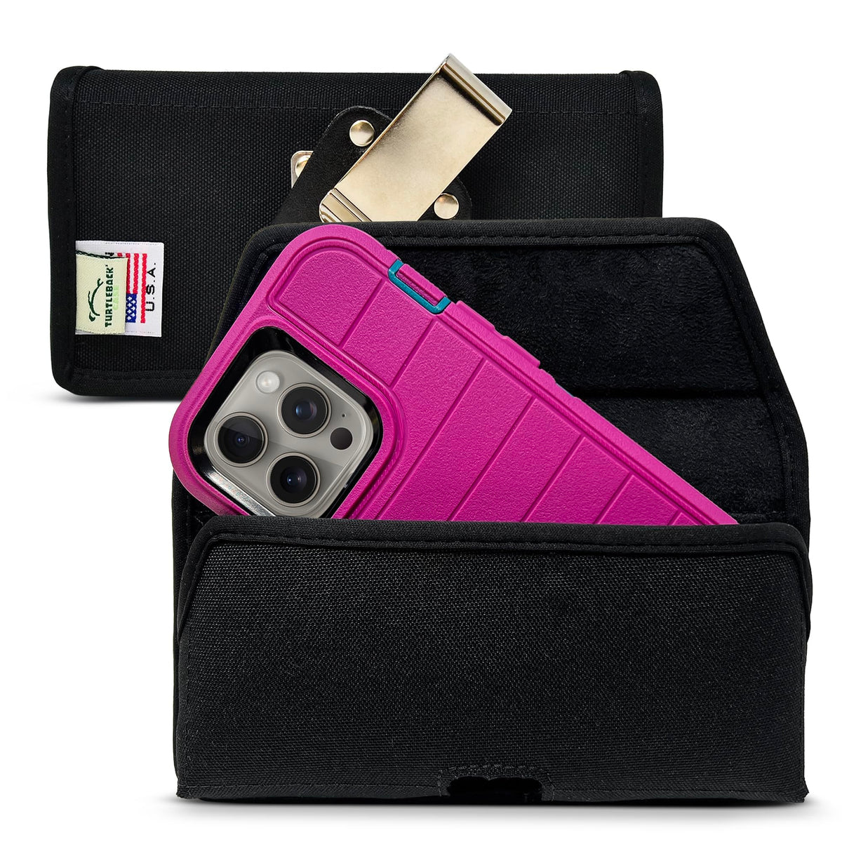 Turtleback Belt Holder for iPhone 16 Pro, 16e, 15 pro 14 Pro 13 Pro -Small- Fits w/Slim MagSafe Style Cases, Premium Black Leather Horiz. Belt Holster, Magnetic Closure, Leather Wrapped Belt Clip