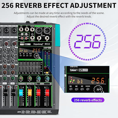 Depusheng MX12 12 Channel Sound Mixer Audio Mixing Console 48V 256DSP Professional USB PC Play Record Podcast Live Broadcast (US MX12)