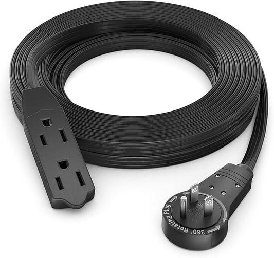 Maximm 15 Foot Long Extension Cord Black 360° Rotating Flat Plug, 3 Outlet Indoor Extension Cord, 16 AWG Three Prong Grounded for Living Room, Workshop, Home UL Listed