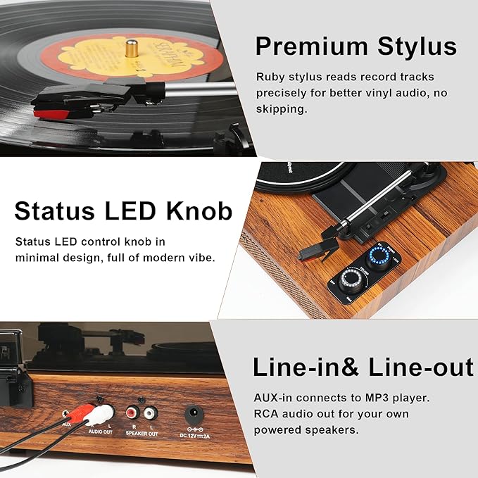 Vinyl Record Player with External Speakers, 3 Speed Bluetooth Turntable for Vinyl Records, Vintage Belt Drive Record Player with Stereo Speakers and Auto Stop, RCA Audio Out and Aux-in,Light Wood