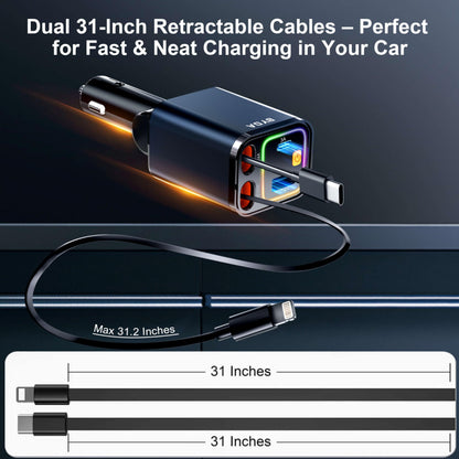 4 in 1 Retractable Car Charger,69W USB-C Fast Car Charger, for iPhone 17/16/15/14/13/12/11, Android,Pixel,Cigarette Lighter Charger (for Type C+Lightn-ing)