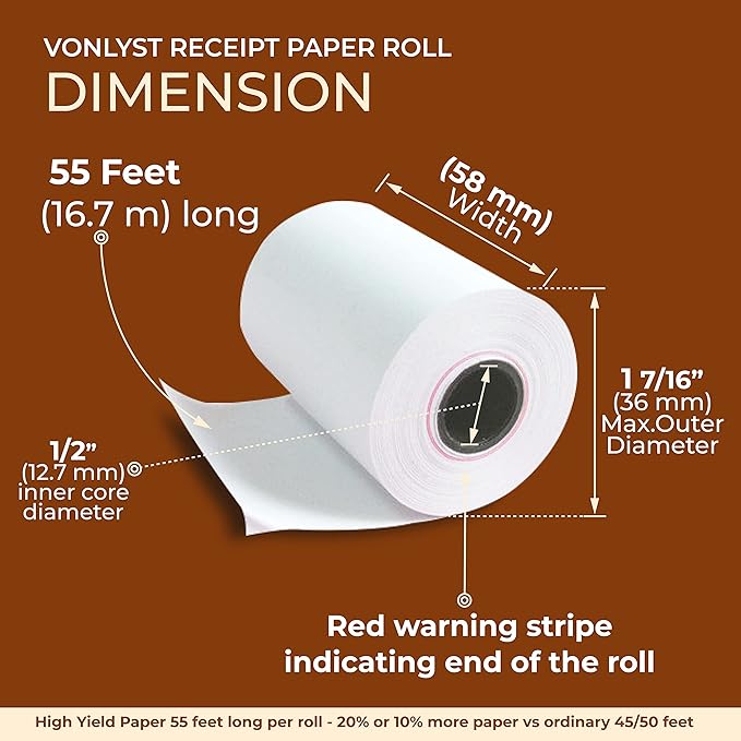 Receipt Paper Roll for 58mm Mobile Portable Thermal Printer (Pack 20 rolls)