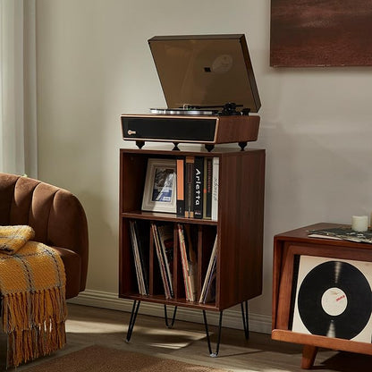 Arkrocket Huygens High Fidelity Bluetooth Record Player with Built-in Speakers Belt Drive Vinyl Turntable with Moving Magnet Cartridge, Bluetooth Input Output and Aux-in (Huygens Walnut + Audio Rack)
