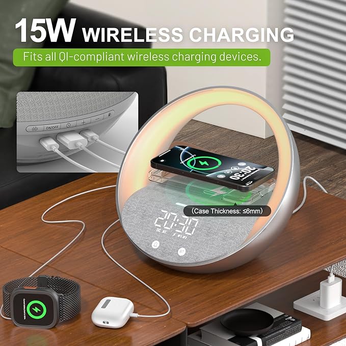 Sunrise Alarm Clock Bluetooth Speaker Wireless Charging Light for Bedroom