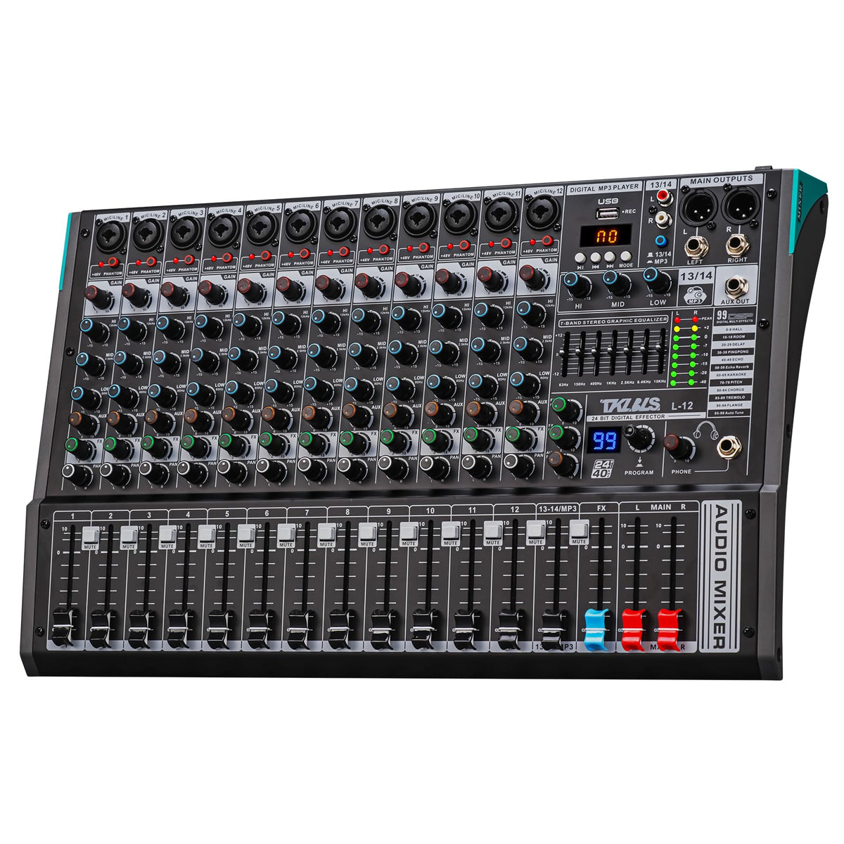 TKLBLS 4 Channel Audio Mixer for Home Audio, Sound Mixer Board with USB Interface, 99 DSP Effects, 48V Phantom Power, XLR Inputs for Karaoke, Recording