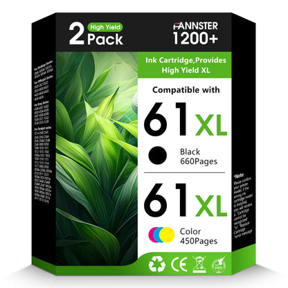 fannster Ink 61XL Compatible for HP 61 Ink Cartridge Combo Pack Work with HP Envy 4500 4502 5530 Deskjet 2540 3510 OfficeJet 4630 Printer (1 Black, 1 Tri-Color, 2-Pack)