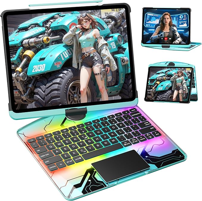 KITONE for iPad Air 11 Inch (M3/M2,2025/2024) Transperant Case with Wireless Keyboard, 7 Color Backlight, Trackpad, 360°Rotating Stand for 10.9" iPad Air 5th/4th, 11" iPad Pro 4/3/2/1 Case, Cyberpunk