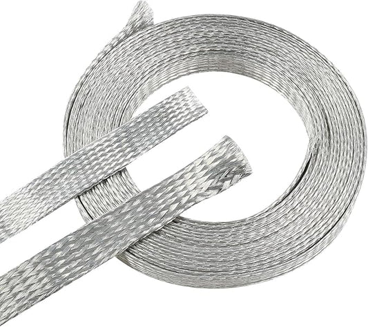 Tinned Copper Metal Braid Sleeving Wire Shielding Sleeve Braided Copper Ground Straps EMI/RFI Interference Expandable Flat Mesh Shielding Cable for Protect Wire (1/2inch-22ft)