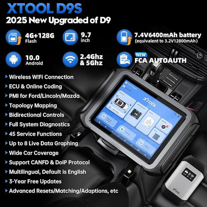 XTOOL D9S Automotive Diagnostic Tool, Wireless OBD2 Scanner with ECU Coding, Topology, Bidirectional Scan Tool 2.0 with FCA, 45+ Resets, Full System, PMI, CAN FD/DoIP, 3-Yr Update
