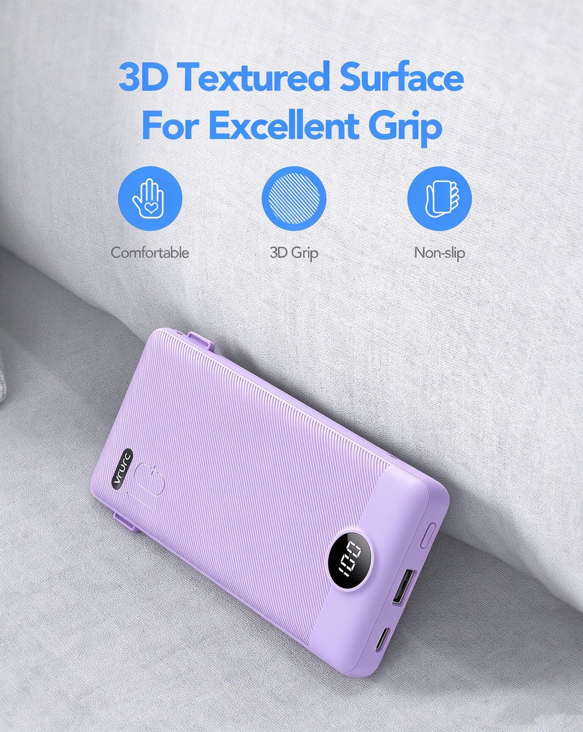 VRURC Portable Charger Built-in Cables and AC Wall Plug, USB C Power Bank 10000mAh, Travel Essentials Phone Charger Compact Lightweight External Battery Pack for Smart Phones, Tablets etc-Purple