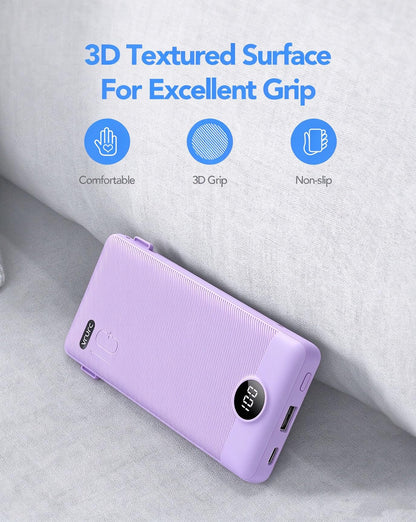 VRURC Portable Charger Built-in Cables and AC Wall Plug, USB C Power Bank 10000mAh, Travel Essentials Phone Charger Compact Lightweight External Battery Pack for Smart Phones, Tablets etc-Purple