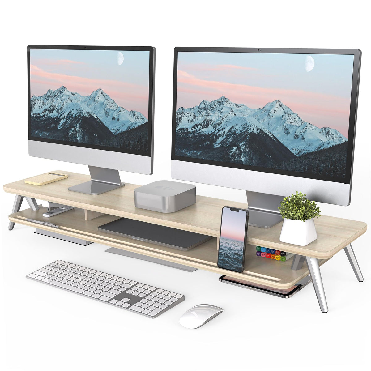 Fenge Monitor Stand Riser, Wooden Desk Shelf with 2-Tier Storage