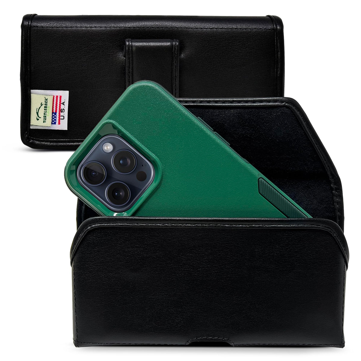 Turtleback Belt Holder for iPhone 16 Pro Max, 15 Pro Max, 14 Pro Max -Large- Fits w/Defender Bulky Style Cases, Premium Black Leather Vertical Holster, Magnetic Closure Leather Wrapped Clip