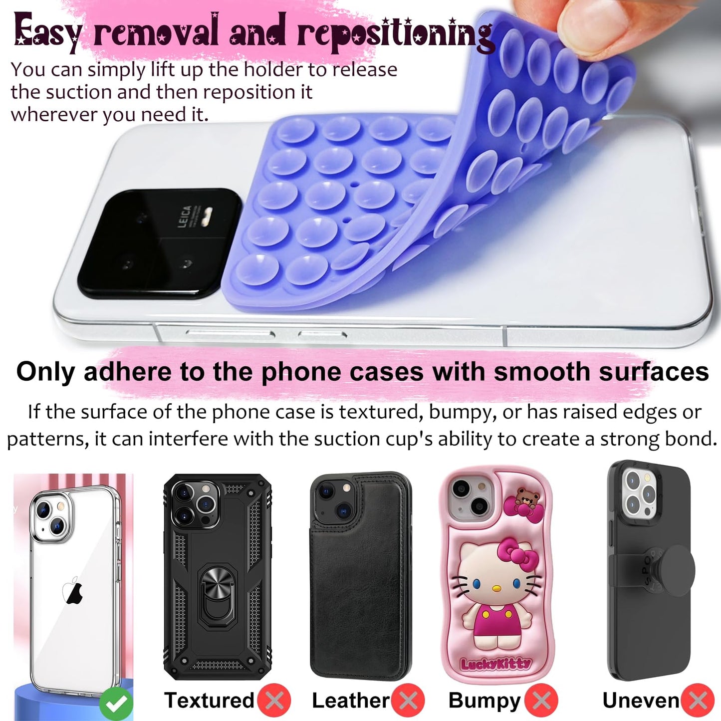 LvShuLiangPin Anteel 2 Pack Silicone Suction Cup Phone Case Mount Double Sided, Hands-Free Strong Grip Silicon Phone Holder, Non Slip Phone Accessories for Selfies and Videos (Lavender)