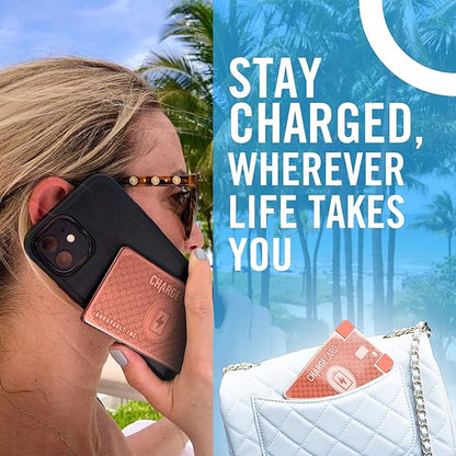 AquaVault ChargeCard – Ultra Slim Emergency Power Bank (2300mAh) – Fits in Wallet – USB-C & Micro-USB – Durable Steel Body – Flight-Safe Pocket Charger for iPhone 16/15/14/13/12, Android - (Rose Gold)
