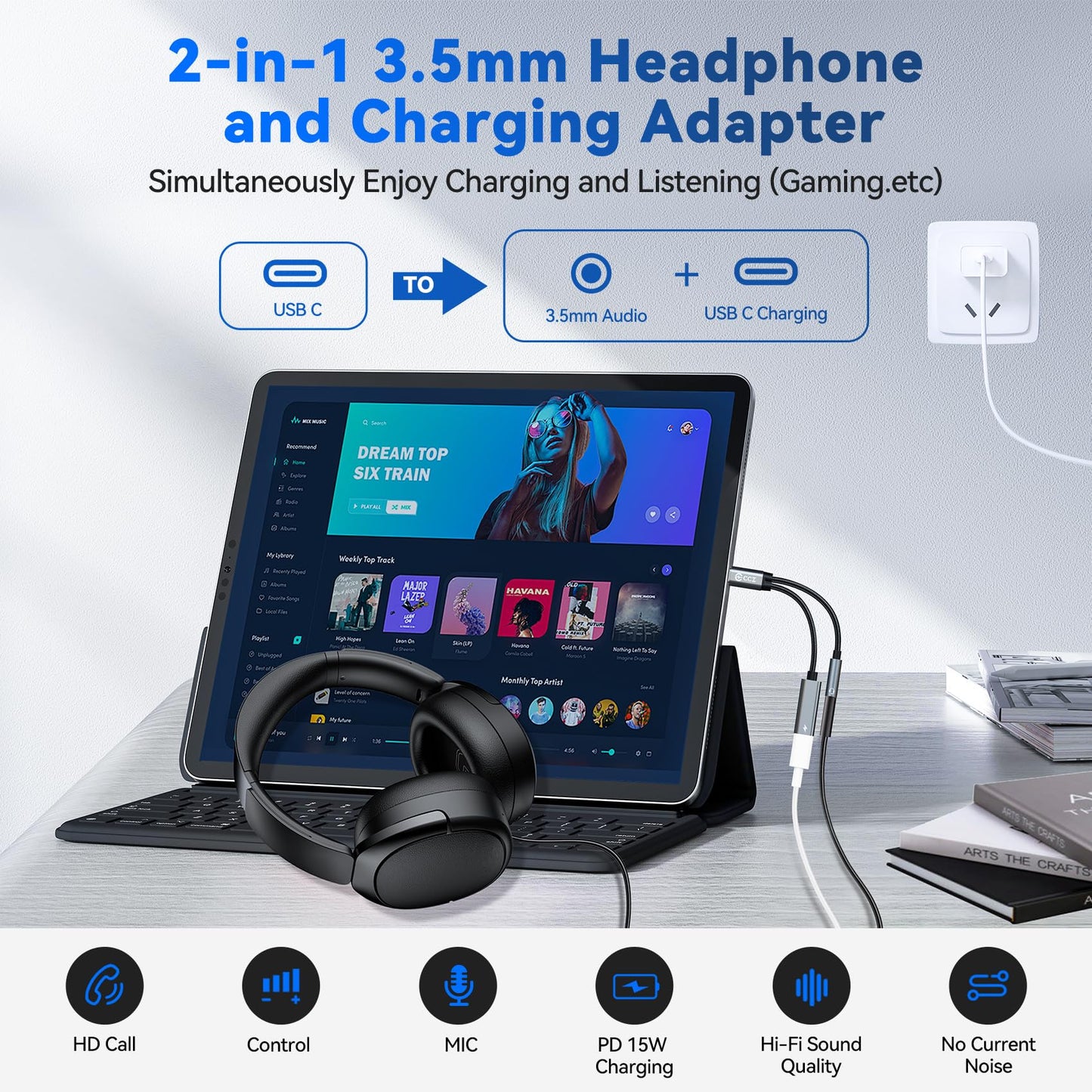 2PCS USB C Splitter for KZ ZS10 PRO, CCZ CA01 USB C to 3.5mm Audio Headphone and Charger Adapter, Type C Headphone Splitter 1 in 2 Out, Dongle Audio Cable DAC for Samsung Galaxy S25/S24 (USBC-3.5MM)