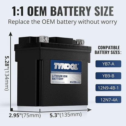 TYKOOL LFP9A-A,YB9-B,240CCA,3X Cranking Amps,LiFePO4 Lithium Motorcycle Battery,12V 4AH,Digital Readout,Fits for 125cc Benelli and Gilera,Triumph 750cc,Aprilia Sport City,Piaggio Typhoon Scooter