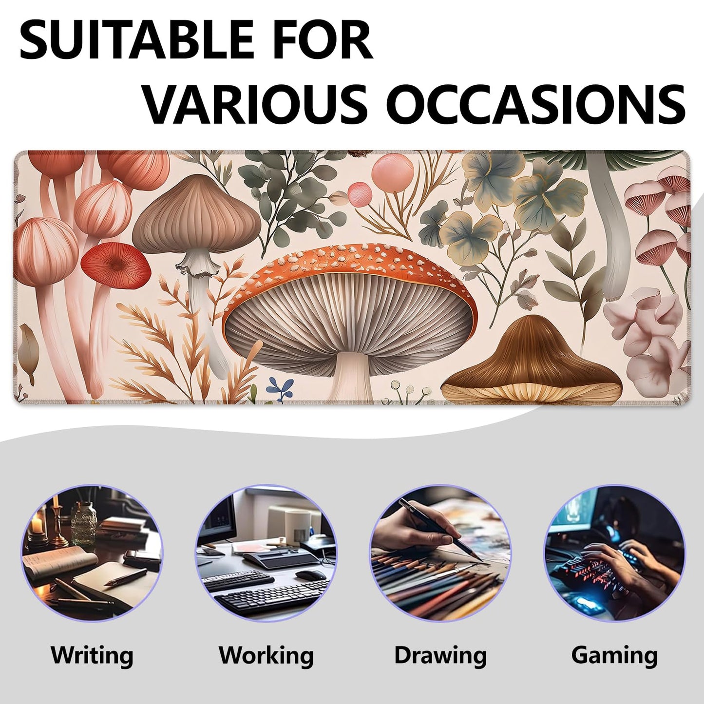 Mounidso Botanical Mushroom Large Mouse Pad, Gaming Mouse Pad, Keyboard Mat, Non-Slip Rubber Base, Office Accessories, Desk Mat, MousePads for School, Work, Home Decor Gifts 31.5" x 11.8"