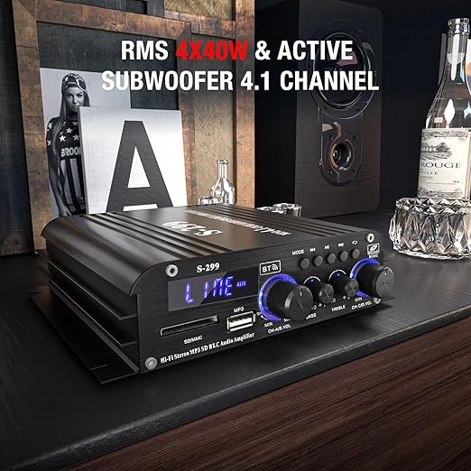 Facmogu S-299 4.1CH Bluetooth Power Amplifier with Active Subwoofer Output (NOT Passive Subwoofer), Max 800W RMS 40Wx4 Subwoofer Amplifier Hi-Fi Integrated Mini Speaker Amp Audio Sub Bass Amp