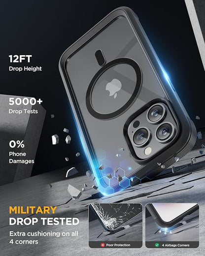 Miracase Magnetic for iPhone 12 Pro Max Case [Compatible with MagSafe] Full-Body Phone case with Built-in Glass Screen Protector& Camera Protector, Military Drop Proof 12 Pro Max Cover, Black