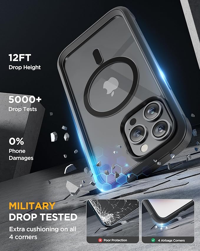 Miracase Magnetic for iPhone 15 Pro Case [Compatible with MagSafe] Full-Body Bumper Phone case with Built-in Glass Screen Protector& Camera Protector, Military Drop Proof 15 Pro Cover 6.1 inch, Black