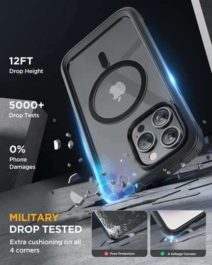 Miracase Magnetic for iPhone 12 Pro Max Case [Compatible with MagSafe] Full-Body Phone case with Built-in Glass Screen Protector& Camera Protector, Military Drop Proof 12 Pro Max Cover, Black