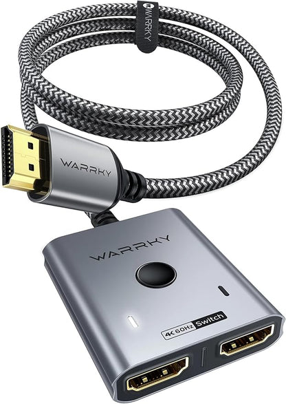HDMI Switch 2 in 1 Out 4K@60Hz, WARRKY[with 3.3ft Fixed Braided HDMI Cable, Aluminum Case, 2K@144Hz, HDCP 2.2] Bidirectional 2x1 Switcher Splitter Compatible for PS5/4, Xbox, Roku, FireStick, Switch