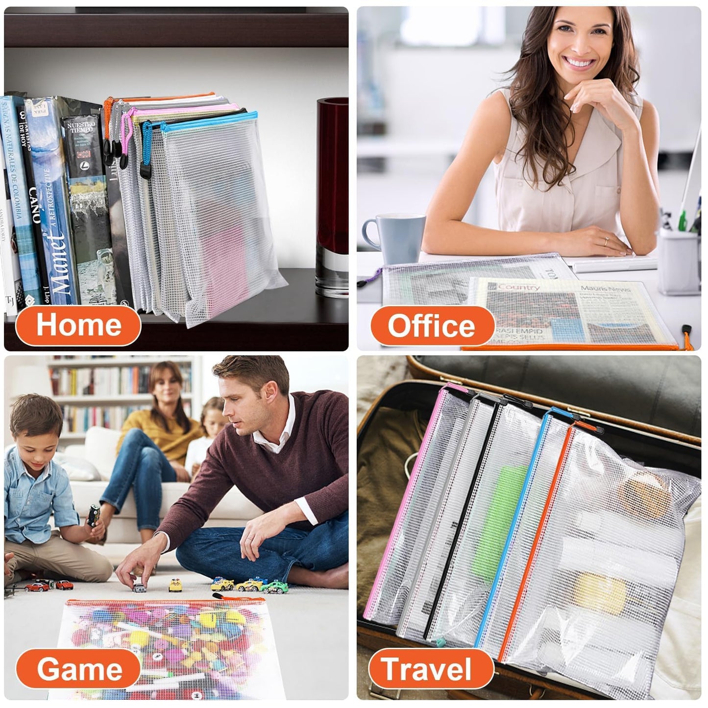 Krvyrn Mesh Zipper Pouches, 12 Pack A3 Waterproof Zipper Pouches for Board Game Storage, Puzzle Storage, Office and School Supplies, Home, Travel Organizer