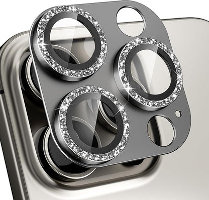 beuxece Compatible for iPhone 16 Pro/iPhone 16 Pro Max Camera Lens Protector, Bling Metal Tempered Glass Camera Screen Cover Accessories [Strong Adsorption][Case-Friendly]- Glitter Titanium Natural