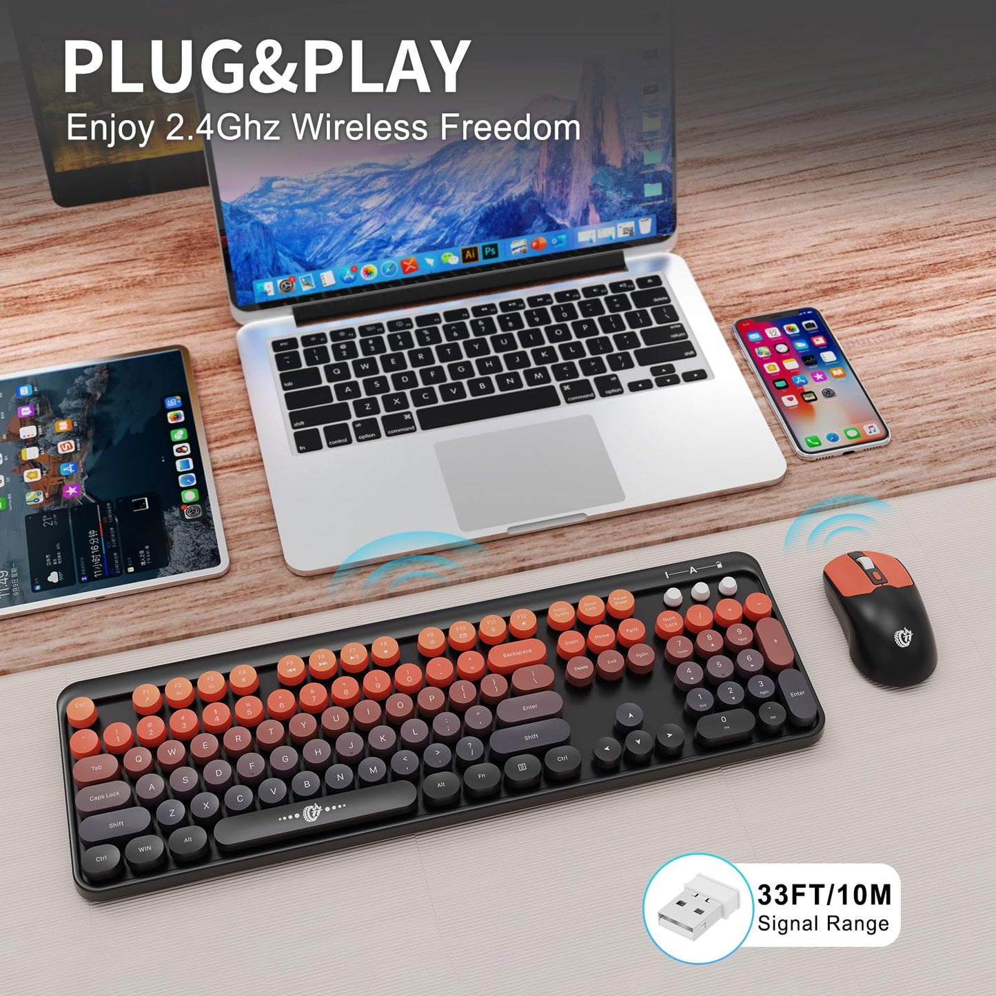 Wireless Keyboard and Mouse Combo, 104 Round Keys Cute Colorful Keyboard and Mouse with Retro Typewriter for PC/Mac/Laptop/Tablet/Computer/Windows Black Red