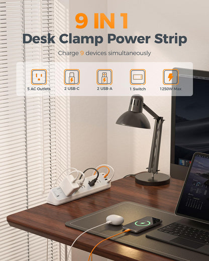 TESSAN Desk Clamp Power Strip 10 Ft with 2100J Surge Protector, Gray