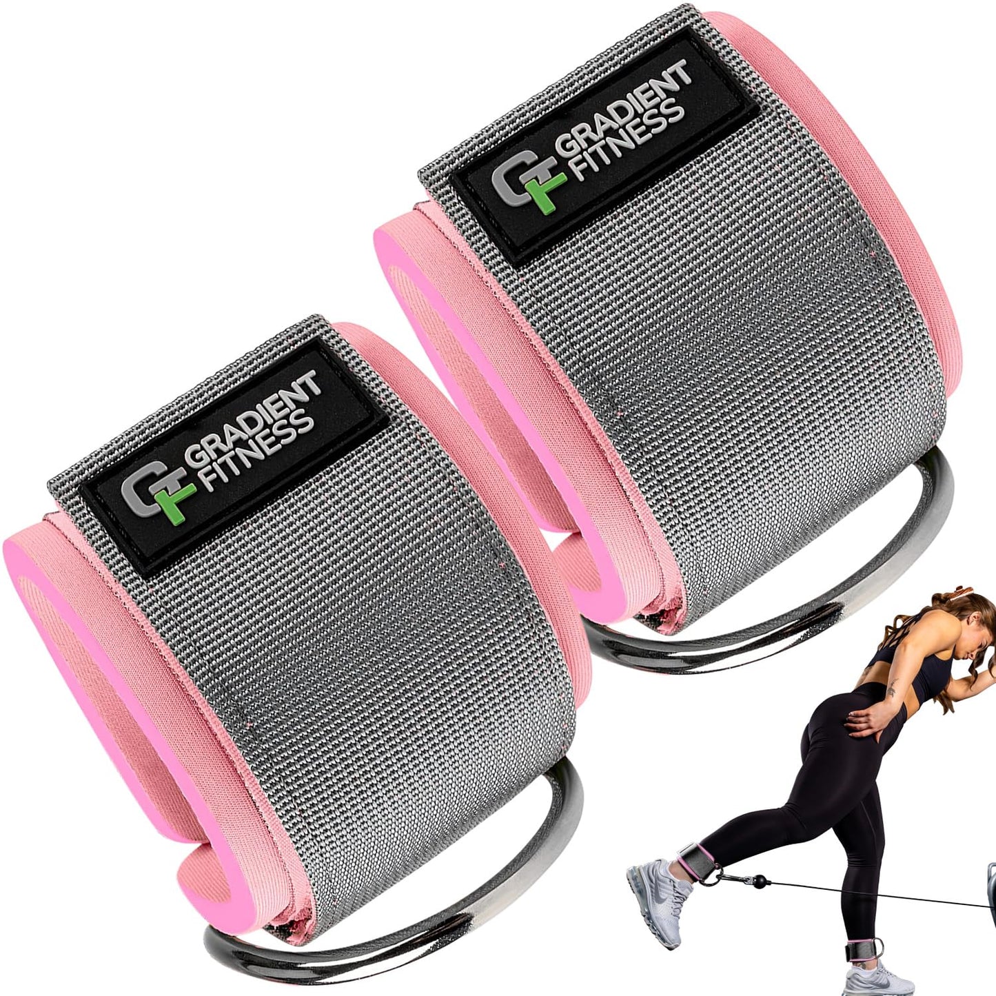 Gradient Fitness Ankle Straps (2 Pack) - Ankle Bands for Workouts, Cable Machine Attachments (Pink|Grey)