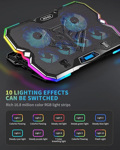 KeiBn Upgrade Laptop Cooling Pad A13,RGB Lights Laptop Cooler 6 Fans for up to 15.6 Inch Laptops,10 Modes Light, 7 Height Stands, 2 USB Ports - Blue