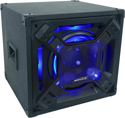 Rockville BASS Blaster 10 750W Powered 10" Home Theater Subwoofer Sub, LED Lighting, RCA Inputs/Outputs, Variable Crossover, for Home Theater and Studio Audio