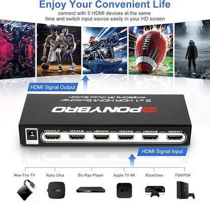 HDMI 2.0 Switch 5 Port 4K@60Hz Auto-Switching – 5 in 1 Out with Remote, HDR10, 3D, Ultra HD for PS5/Xbox/PC/Fire TV, Zero Delay