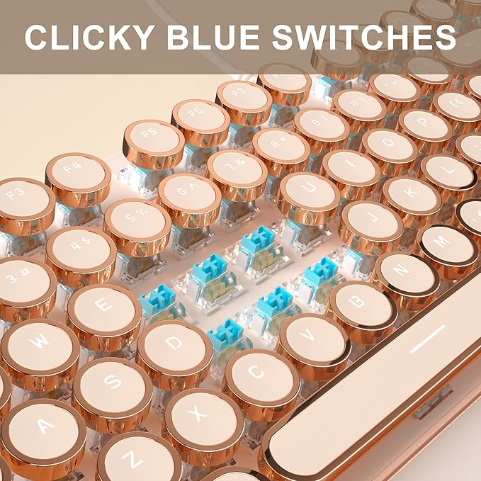 MageGee Typewriter Mechanical Gaming Keyboard, Retro Punk Creamy Round Keycaps, 104 Keys LED White Backlit Wired Keyboards for Laptop MAC PC Gamer, with Magnetic Wrist Rest, Blue Switch