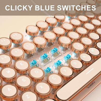 MageGee Typewriter Mechanical Gaming Keyboard, Retro Punk Creamy Round Keycaps, 104 Keys LED White Backlit Wired Keyboards for Laptop MAC PC Gamer, with Magnetic Wrist Rest, Blue Switch
