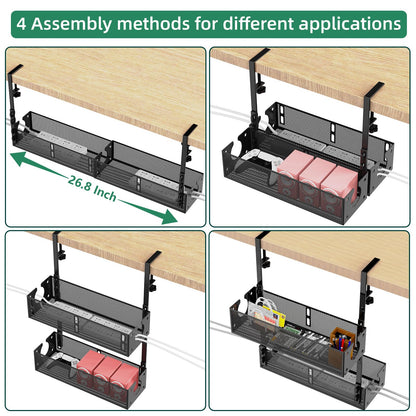 Multi-Model Under Desk Cable Management Tray 2 Packs Metal Under Desk Wire Management Clamp Mount Under Table Cord Management No Damage The Desk (Black)