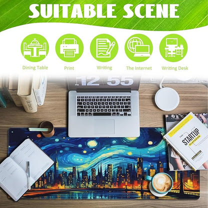 Desk Pad,City Starry Night Desk Mat,Abstract Oil Painting Large Gaming Mouse Pad for Desk,Extended Big Computer Keyboard Mouse Pad with Non-Slip Base and Stitched Edge,31.5"x11.8"