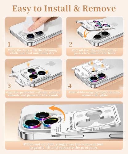GolbinBox Camera Lens Protector for iPhone 17 Pro Max/17 Pro/16 Pro Max/16 Pro, 1:1 Invisible Fit, 9H Tempered Glass Ultra HD Metal Individual Camera Cover for Women, Case Friendly, Bling/Colorful