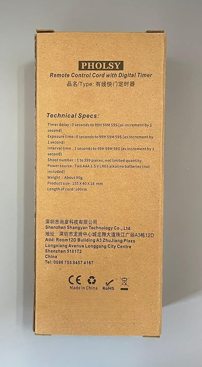 PHOLSY S6 Timer Remote Control Cable with Intervalometer for Sony a77M2, a99M2, a99, a77, a67, a65, a57, a55, a900, a850, a700, a580, a560, a550, a500, a450, a300, Replaces Sony RM-L1AM