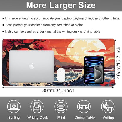 Mouse Pad, Large Huge Moon Over The Sea Desk Mat, Extended Non-Slip Gaming Keyboard Mousepad Desk Pad, Thick Stitched Edges Waterproof Mouse Mat 31.5"x15.7" (Beautiful Natural Landscape)