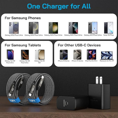 45W Super Fast Charger Type C, [2 Pack] 45 Watt USB-C Charger PD/PPS Wall Charging Block for Samsung Galaxy S25 Ultra/S25+/S25/S24/S23 Ultra/S23+/S22 Ultra/S22+/S20 Ultra, Tab S8(with 2X 12ft Cable)