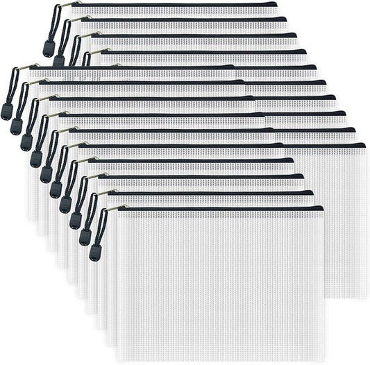 AUSTARK 20pcs Mesh Zipper Pouch Bags, Multipurpose Waterproof Organization Storage Bag for Office School Home Travel (A5 Size 9.2''x6.7'', White and Black)