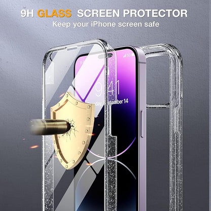 Miracase Glass Series Designed for iPhone 14 Pro Case 6.1 Inch, Upgrade Full-Body Bumper Case with Built-in 9H Tempered Glass Screen Protector, with Camera Lens Protector, Glitter Clear