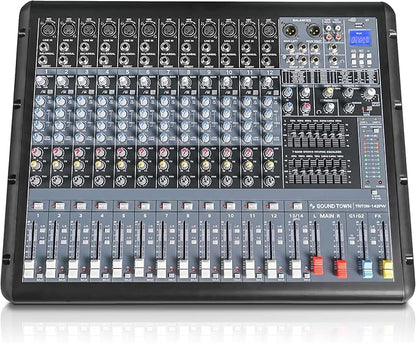 Sound Town 14-Channel 2x800W Powered Mixer w/ 2 Bus, DSP effects, USB, MP3, Dual 7-band EQ, Phantom Power (TRITON-142PW)