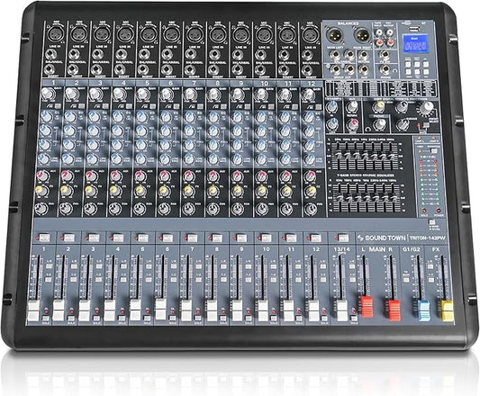Sound Town 14-Channel 2x800W Powered Mixer w/ 2 Bus, DSP effects, USB, MP3, Dual 7-band EQ, Phantom Power (TRITON-142PW)
