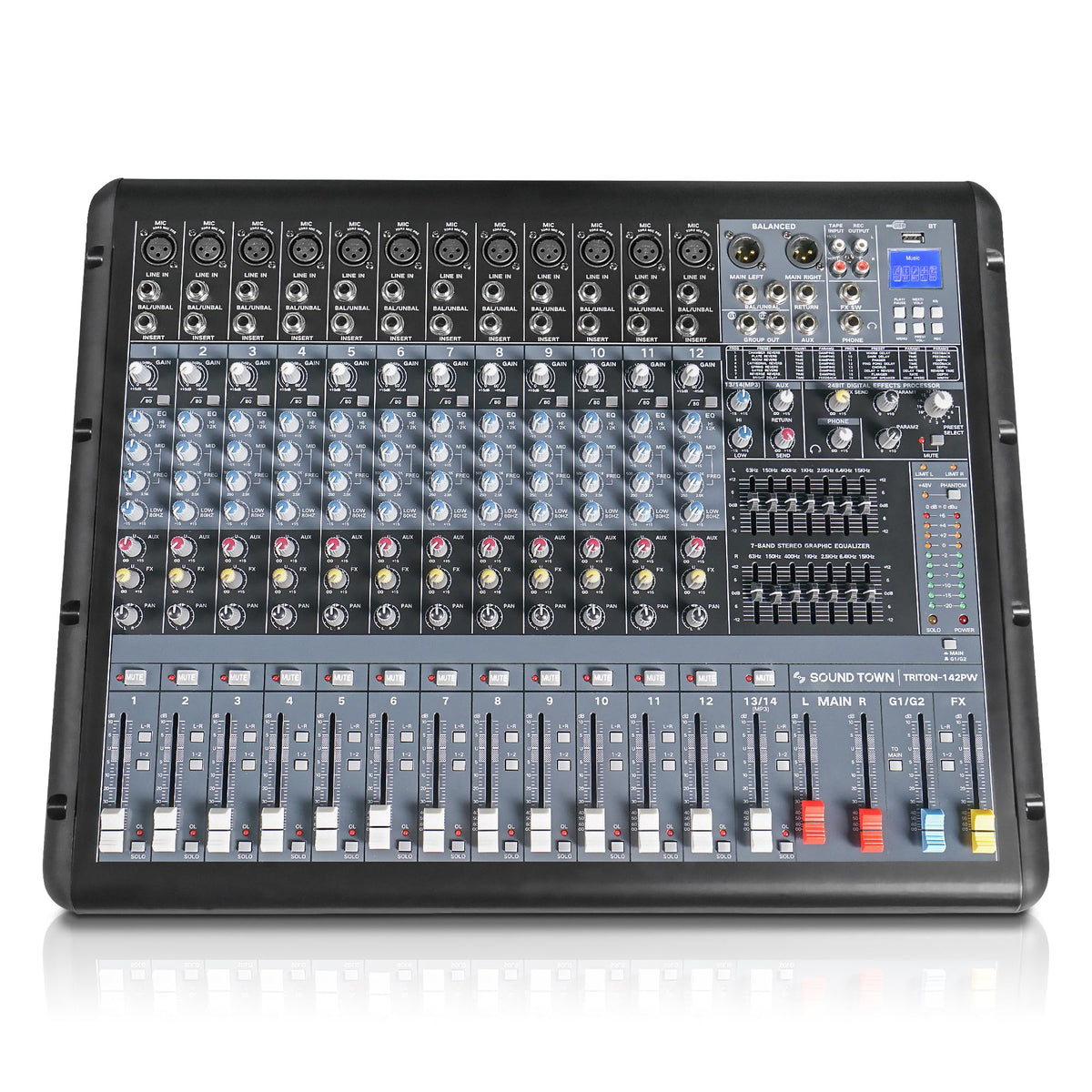 Sound Town Professional 12-Channel Audio Mixer with USB interface, Recording, EQ, Bluetooth, DSP and 48V Phantom (TRITON-A12BD)