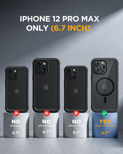 Miracase Magnetic for iPhone 12 Pro Max Case [Compatible with MagSafe] Full-Body Phone case with Built-in Glass Screen Protector& Camera Protector, Military Drop Proof 12 Pro Max Cover, Black